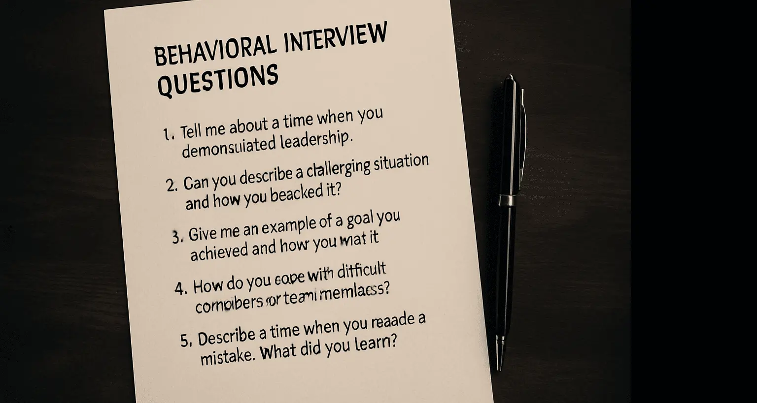 Paper with behavioral interview questions and a pen on a wooden table