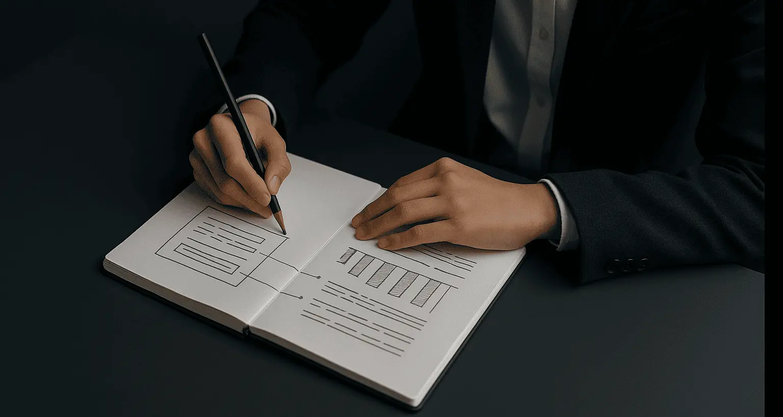 Candidate sketching structured notes during case interview practice session