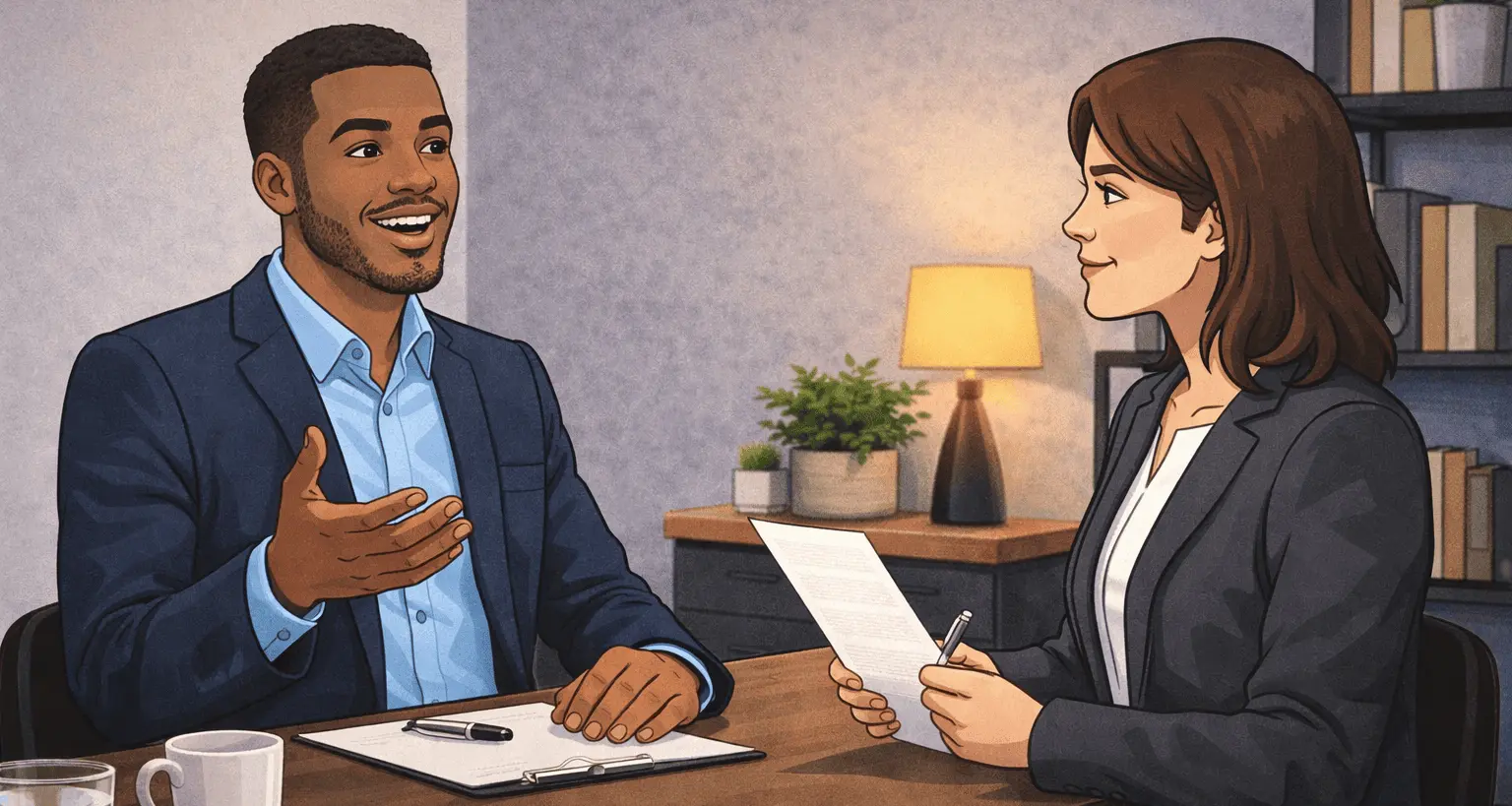 Candidate giving feedback during an exit interview with HR representative