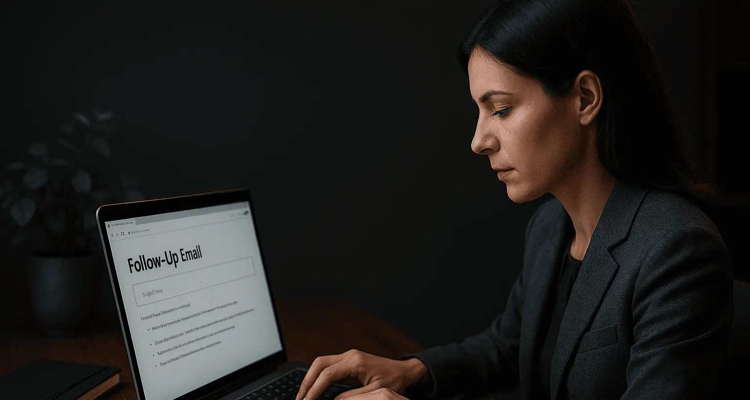 Professional writing a follow up email after interview on laptop