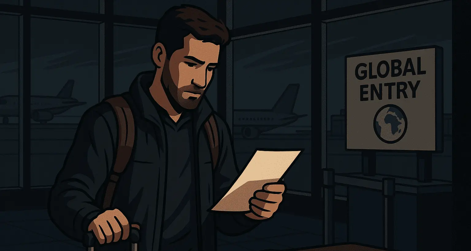 Traveler reviewing documents before a global entry interview at an airport