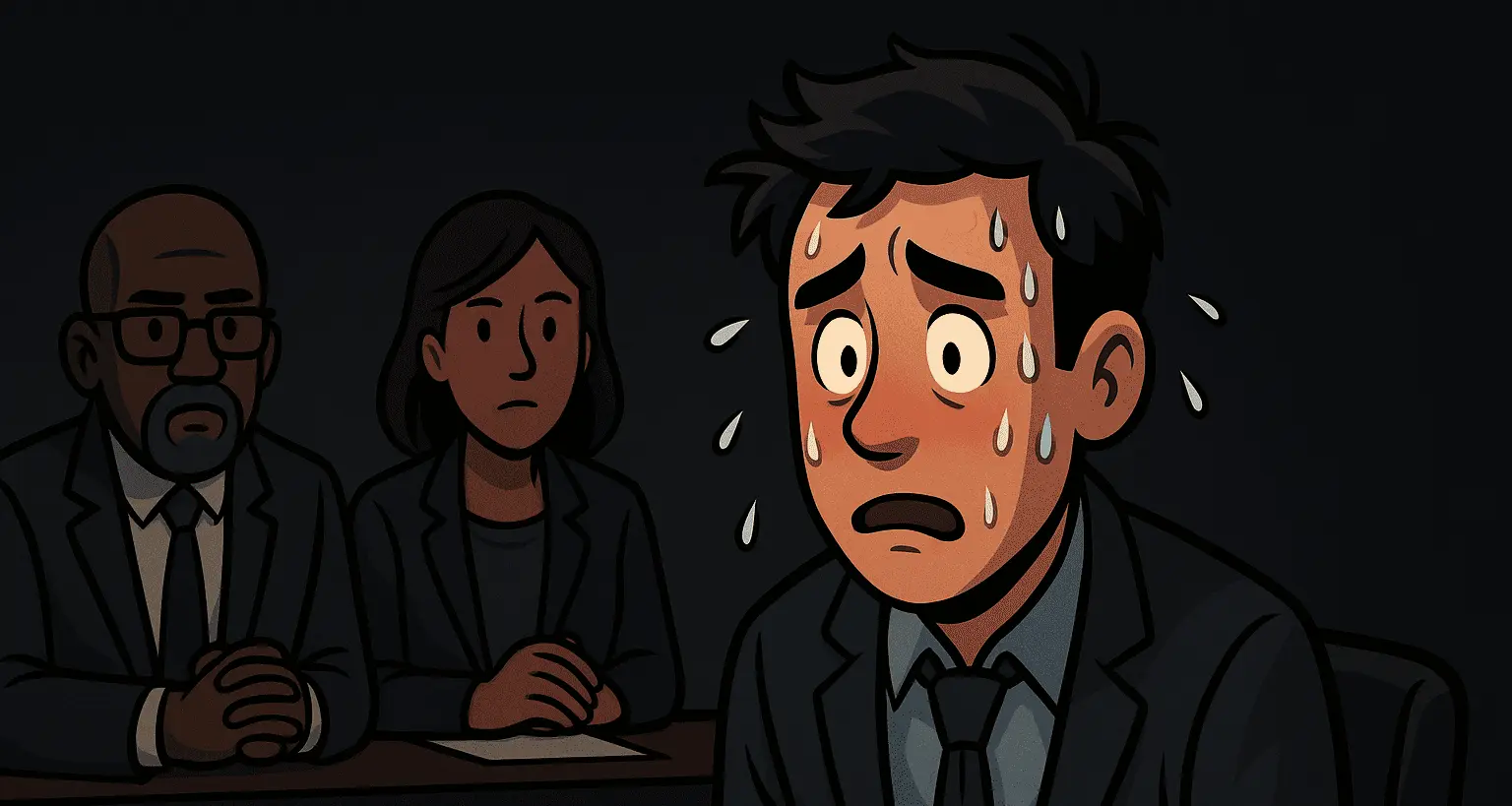 A stressed-out candidate sweating in front of a panel