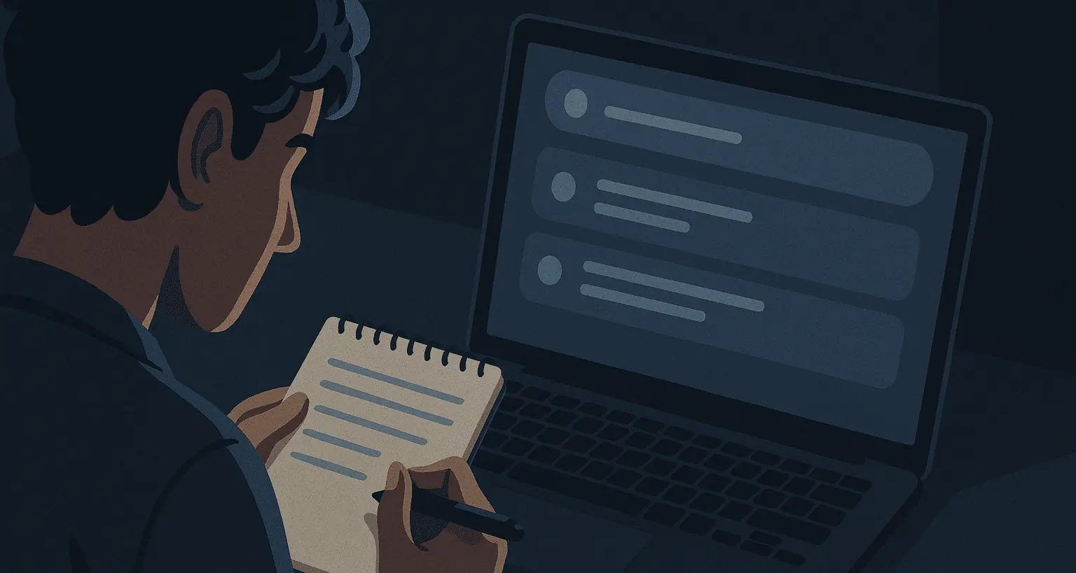 Candidate practicing interview prep with notes and laptop during preparation