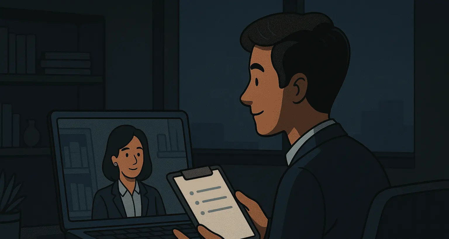 Job candidate practicing mock interview questions in a professional setting