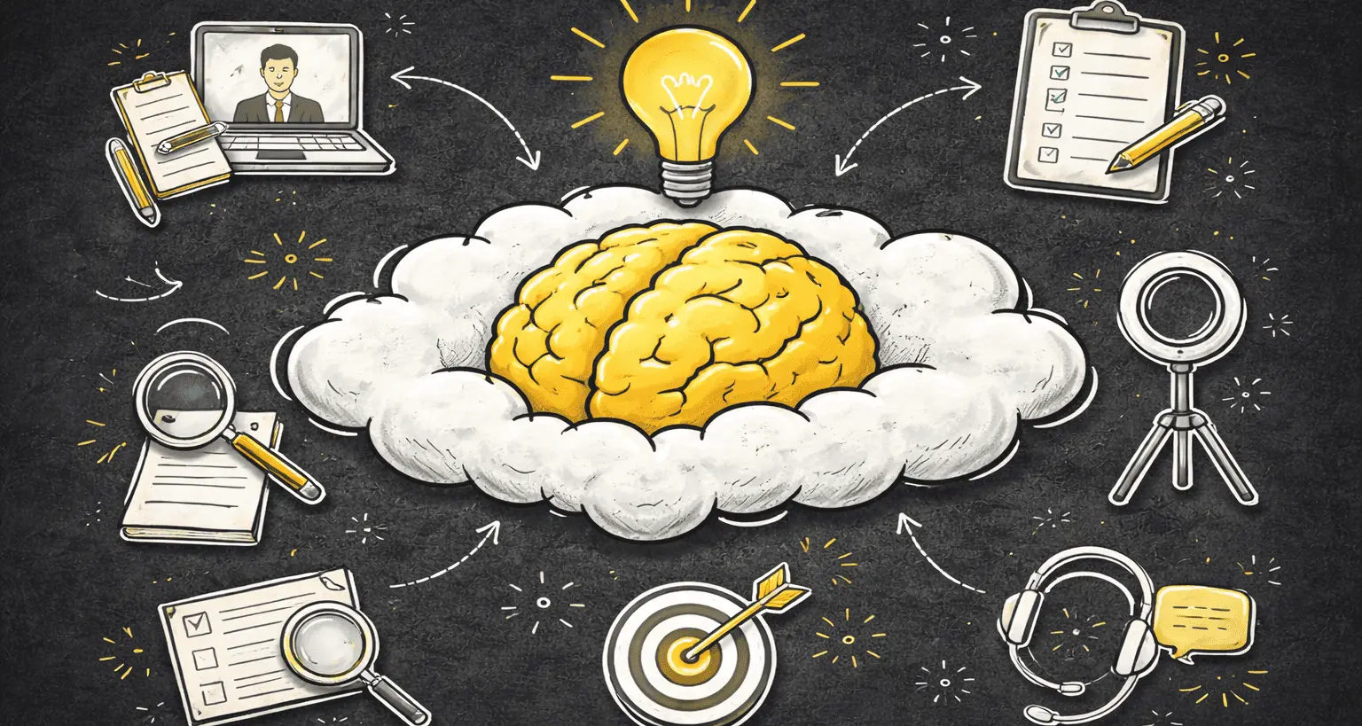 Big brain cloud thinking about online interview tips and strategies