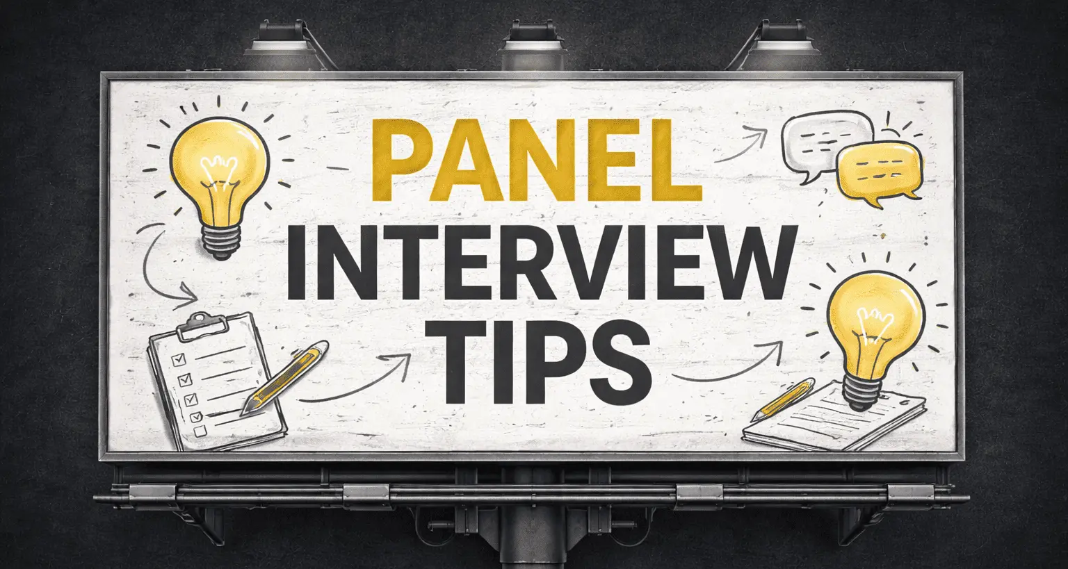 Billboard with text 'panel interview tips' and illustrations of lightbulb
