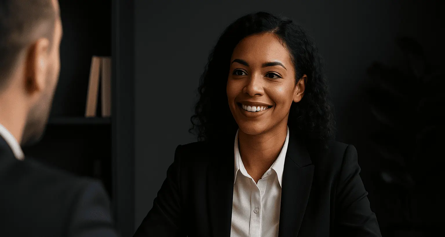 Professional candidate confidently answering interview question