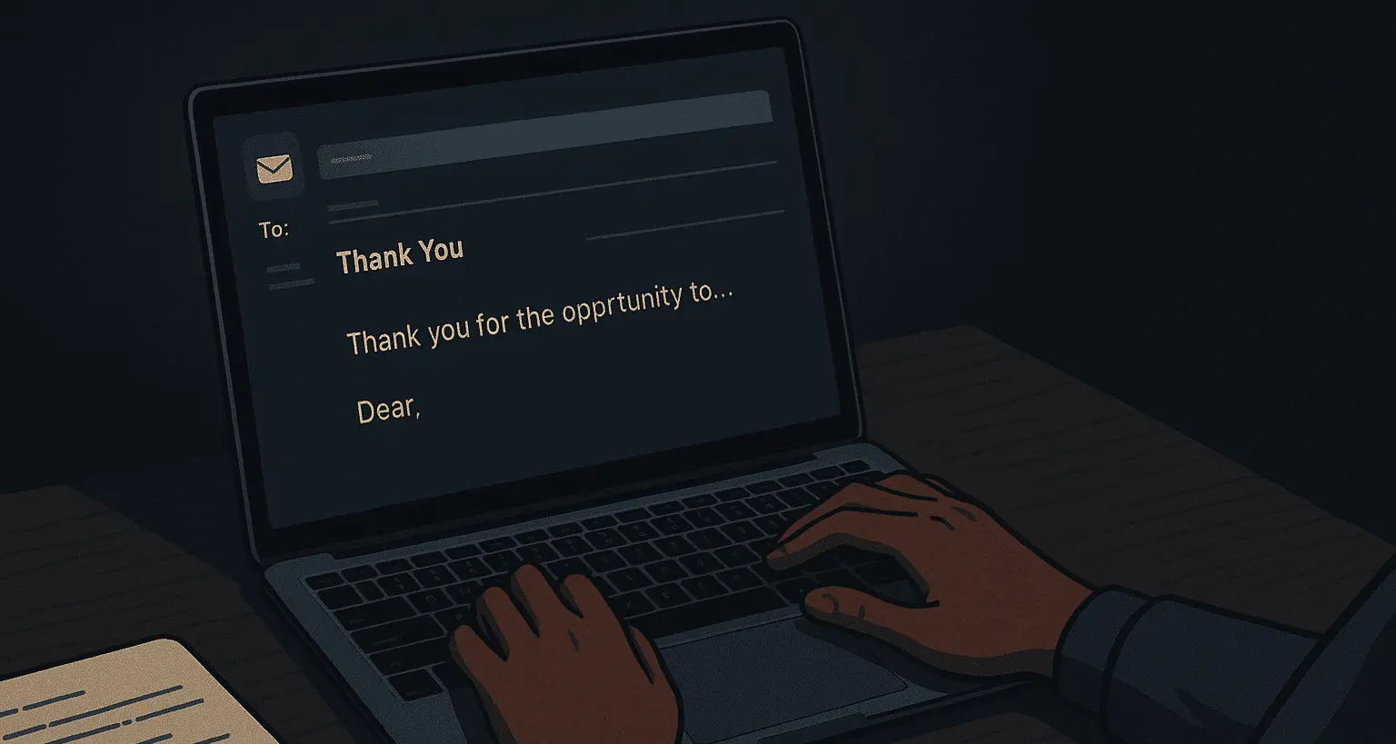 Candidate crafting a thoughtful thank you email after interview on laptop
