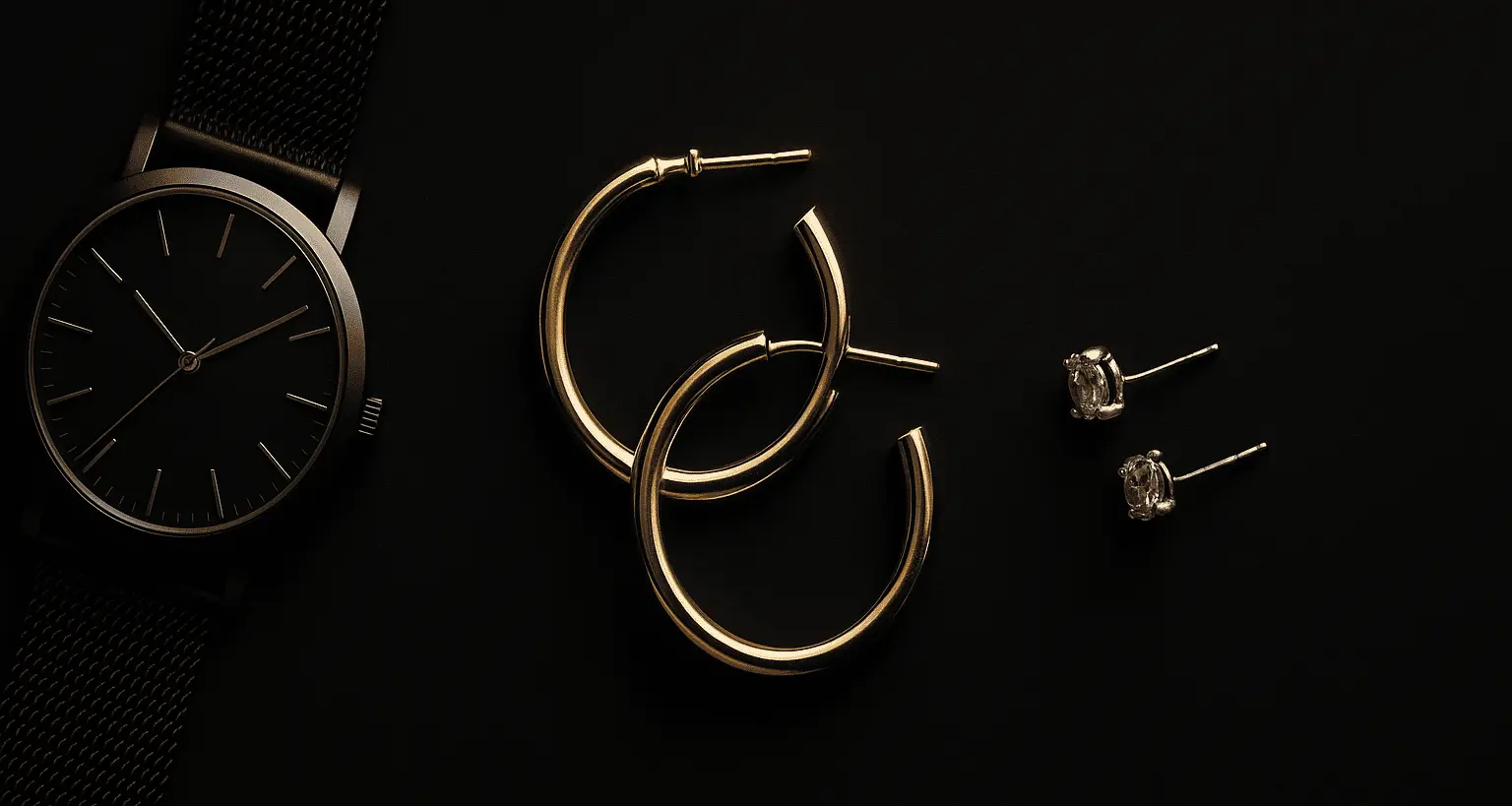 Professional jewelry pieces including watch, earrings, and minimal accessories