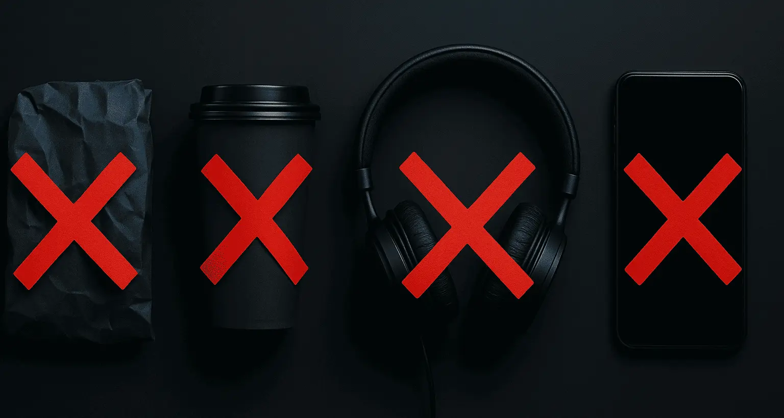 Items with red X marks showing what not to bring to interviews