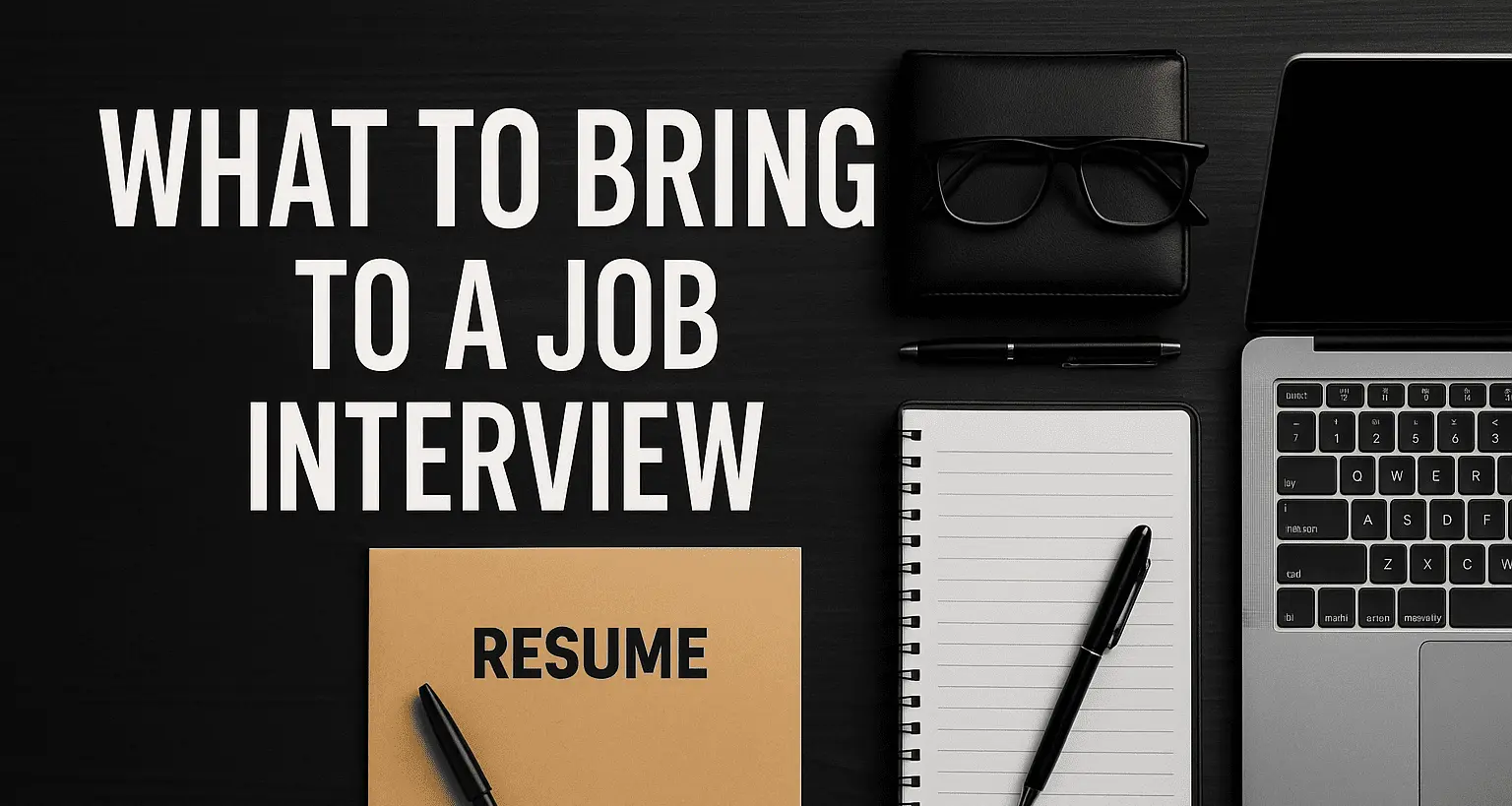 Interview materials laid out on desk with text overlay 'What to Bring to a Job Interview'
