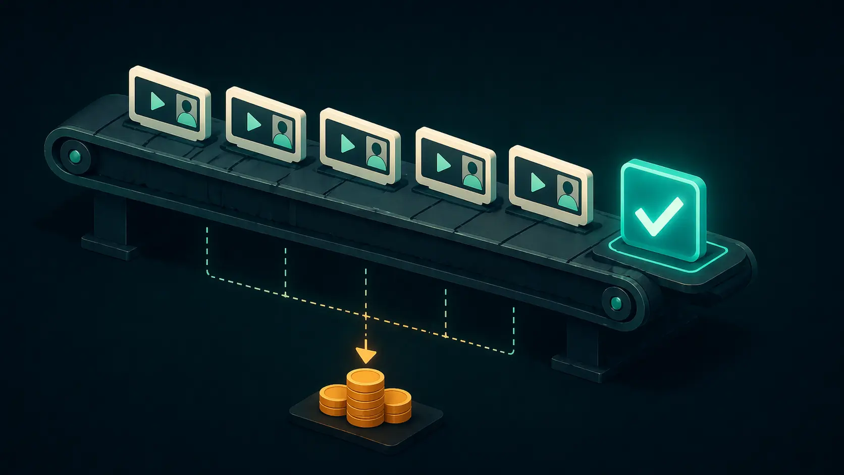 Conveyor belt of video interviews illustrating cost-effective AI solutions for high-volume recruitment