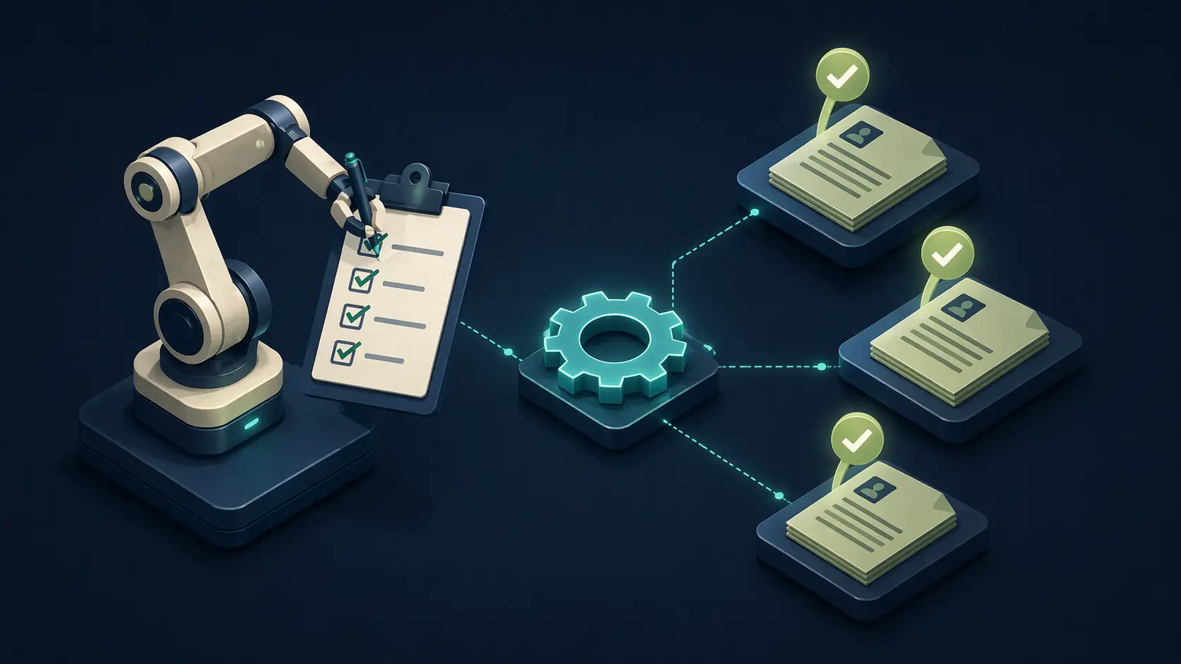 Robotic arm automating reference checks and AI interview verification in modern business recruitment workflows