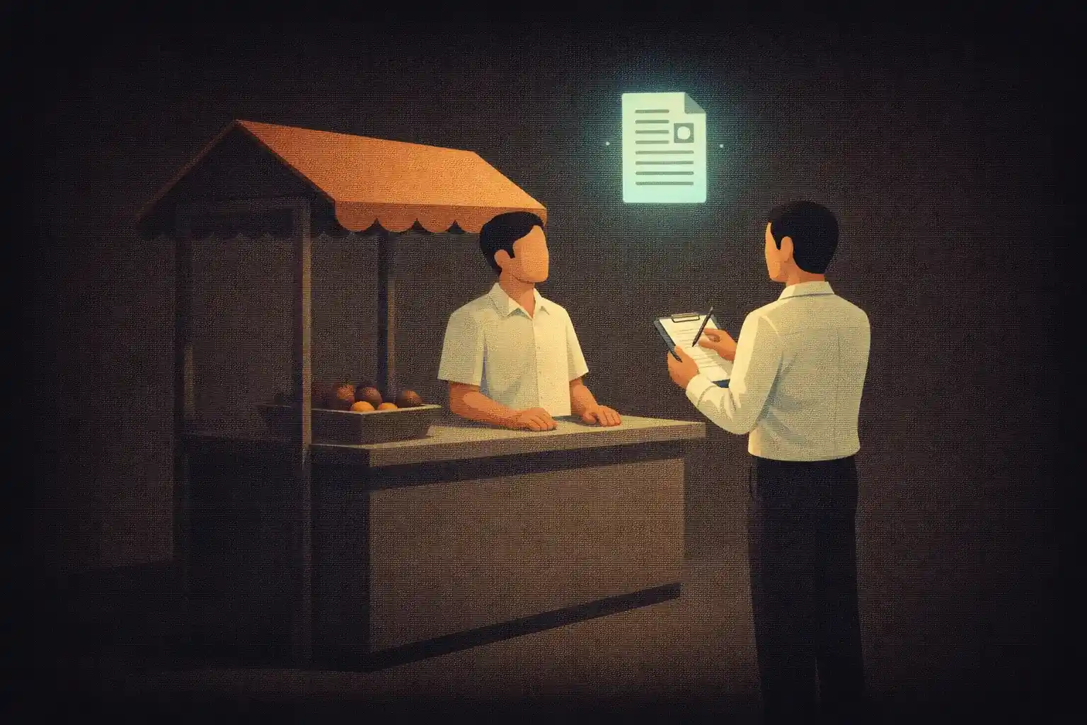 Ilustrasi pewawancara dan pedagang di kios pasar untuk contoh laporan wawancara pedagang