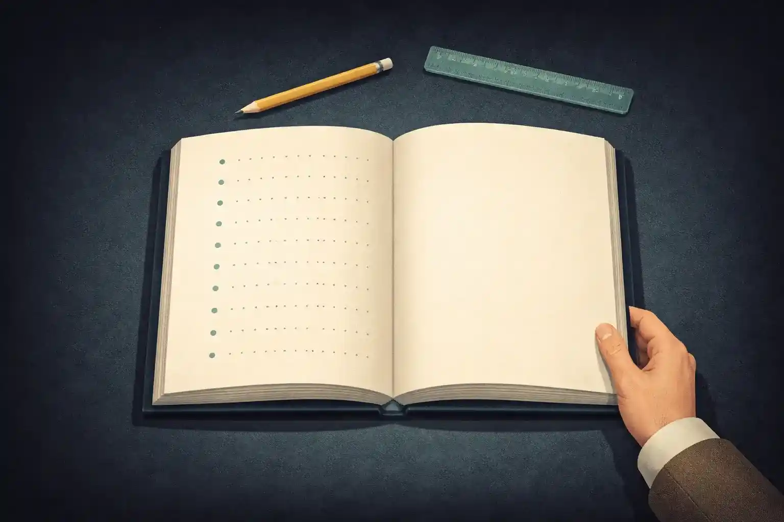 Tampak atas buku dan alat tulis merepresentasikan contoh panduan wawancara yang terstruktur