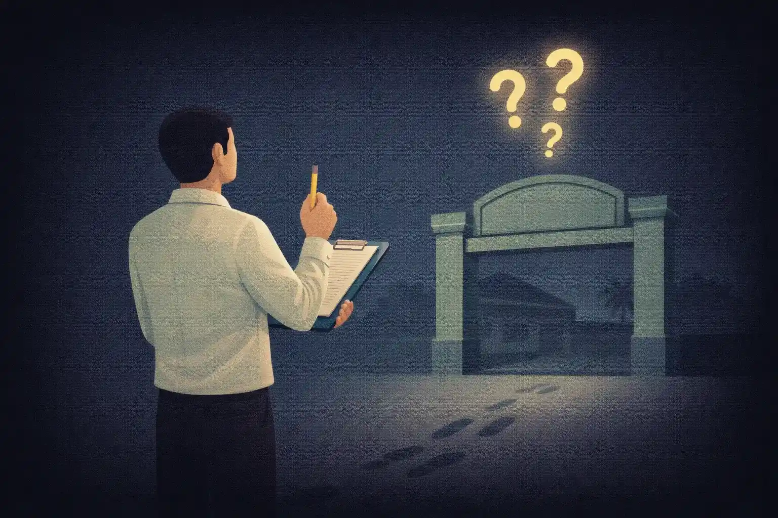 Ilustrasi peneliti dengan clipboard mencatat contoh pertanyaan wawancara observasi ke sekolah