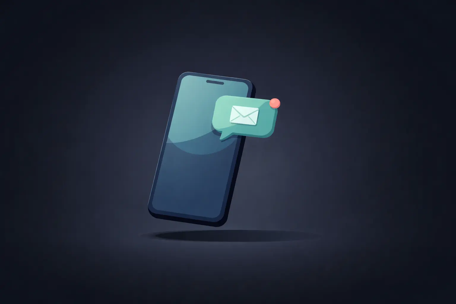 Siluet smartphone mengambang dengan contoh sms panggilan interview kerja di layar