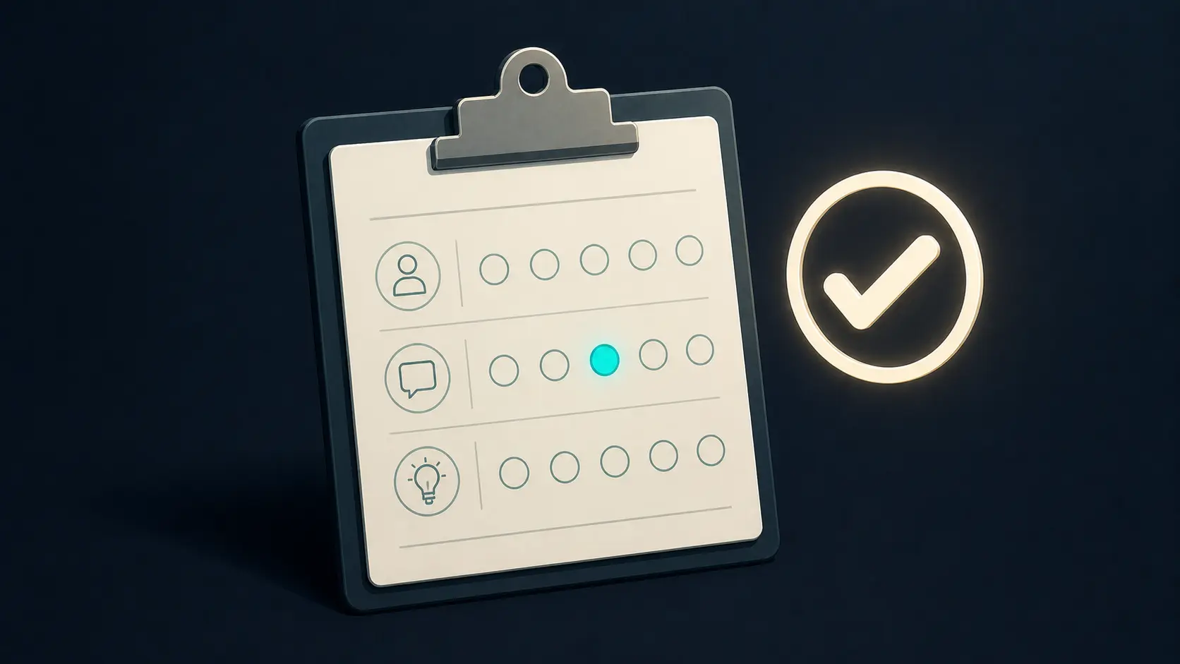 Structured mock interview rubric clipboard with rating circles used to score candidate responses objectively