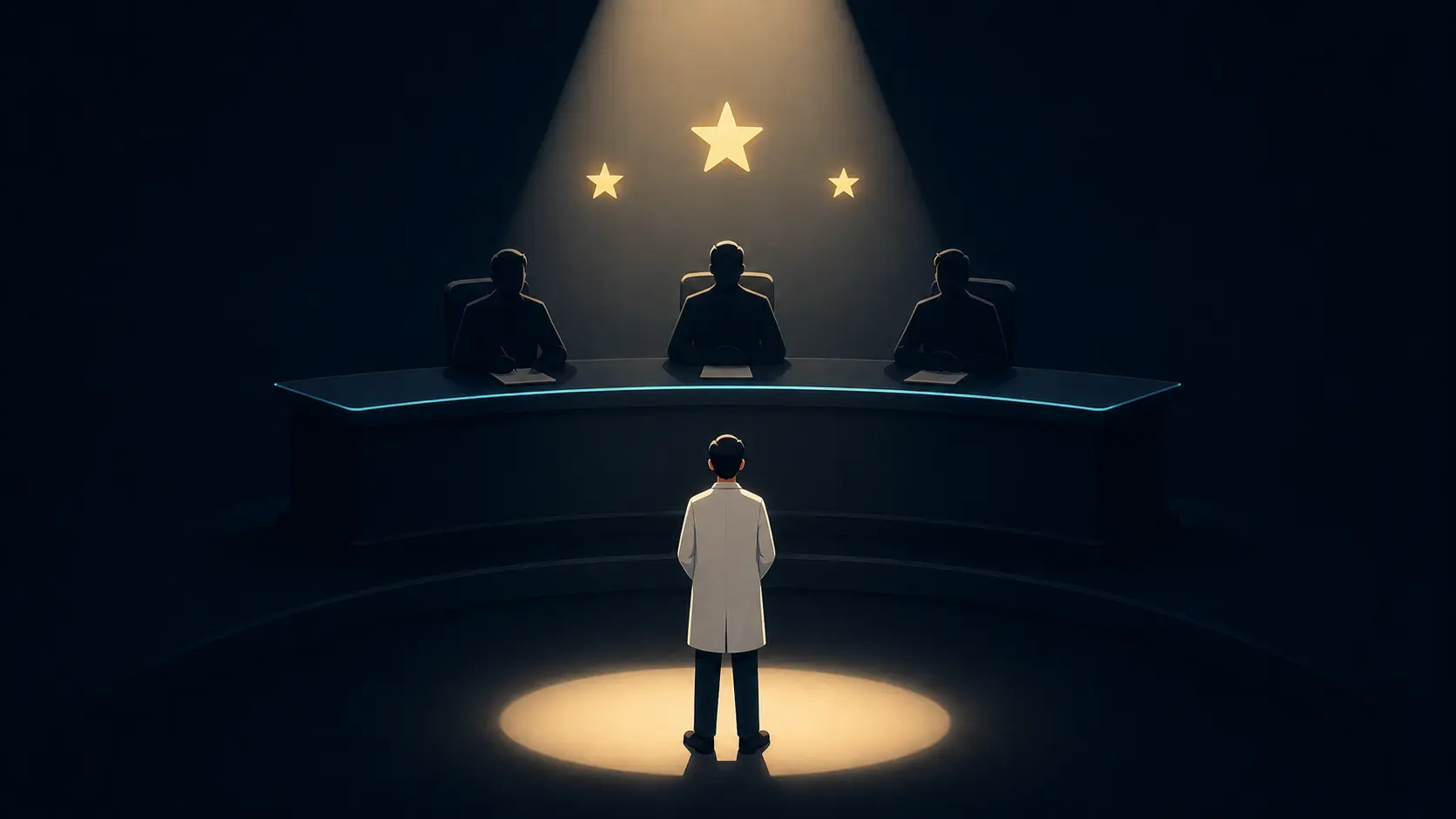 Candidate under spotlight facing evaluation panel during a simulated mock residency interview session