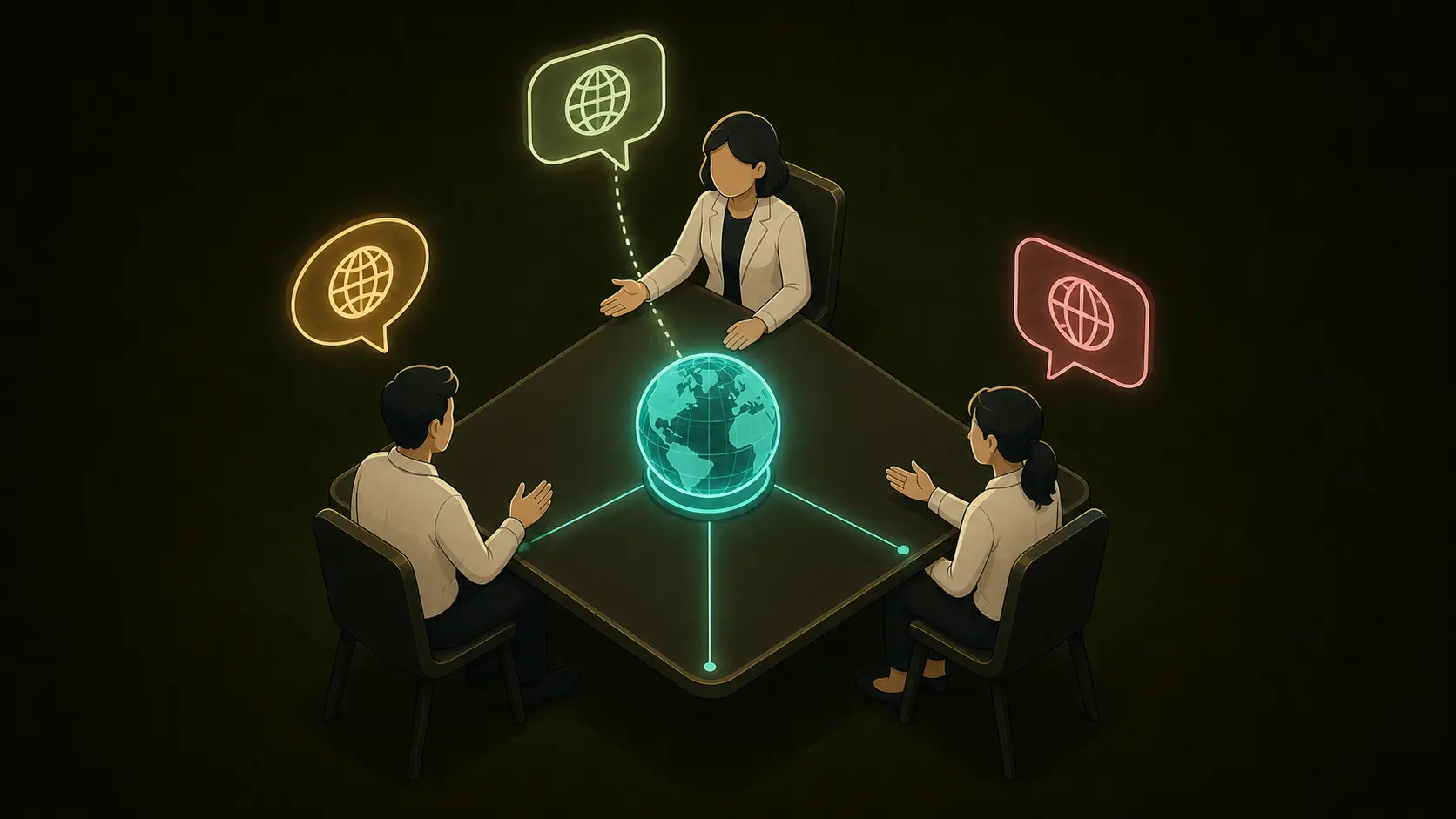Interviewer conducting multilingual interview session with AI translation assistance