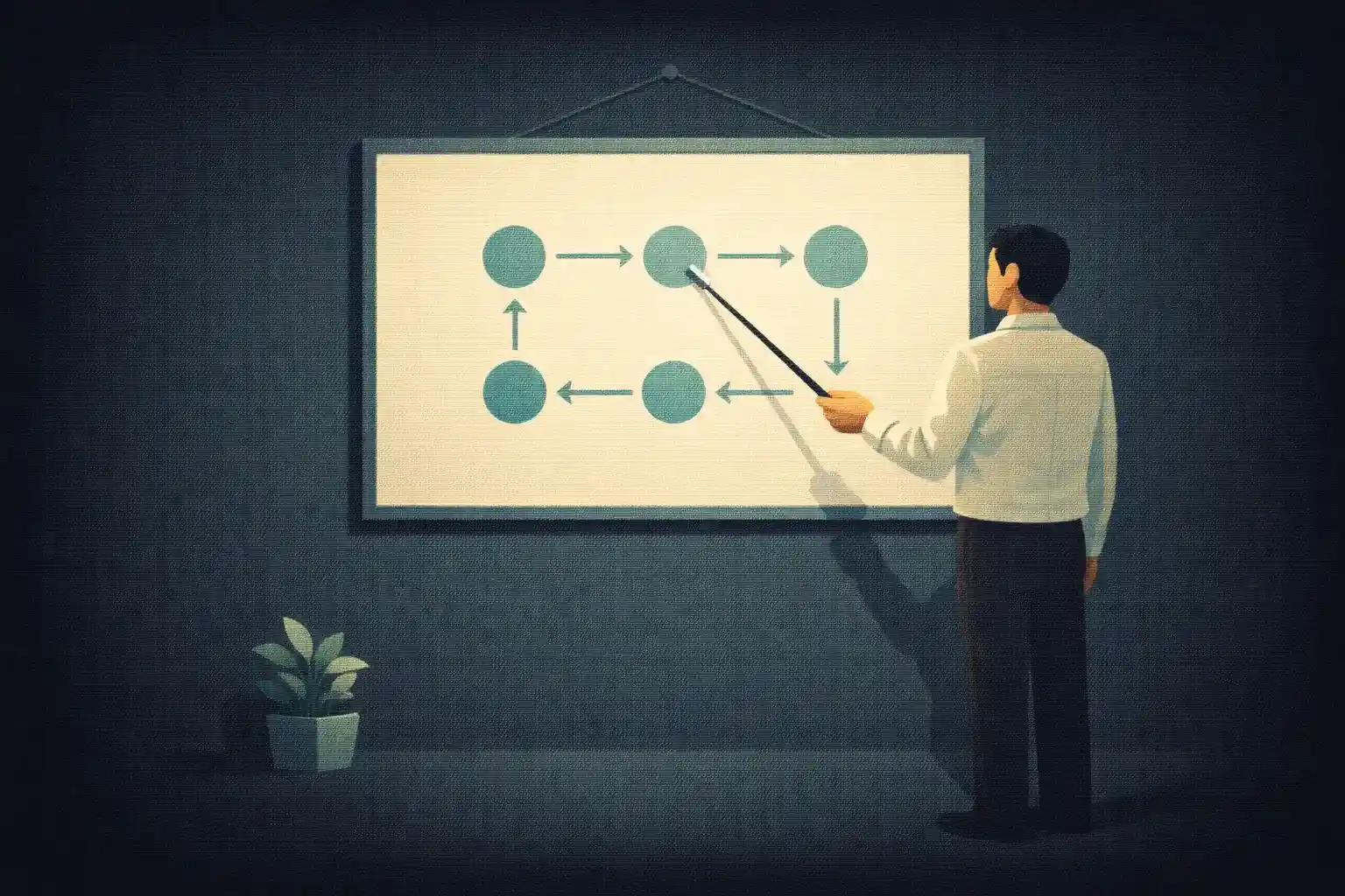 Peneliti menunjuk diagram alur di whiteboard sebagai panduan wawancara penelitian kualitatif