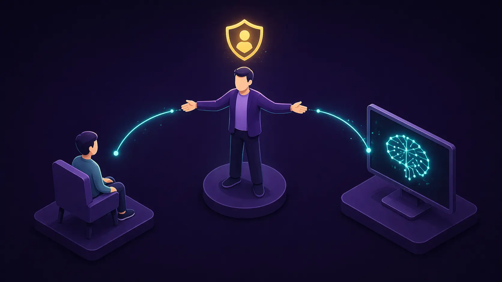 Moderator figure bridging candidates and AI platform using recommended ai solutions for user interview moderation