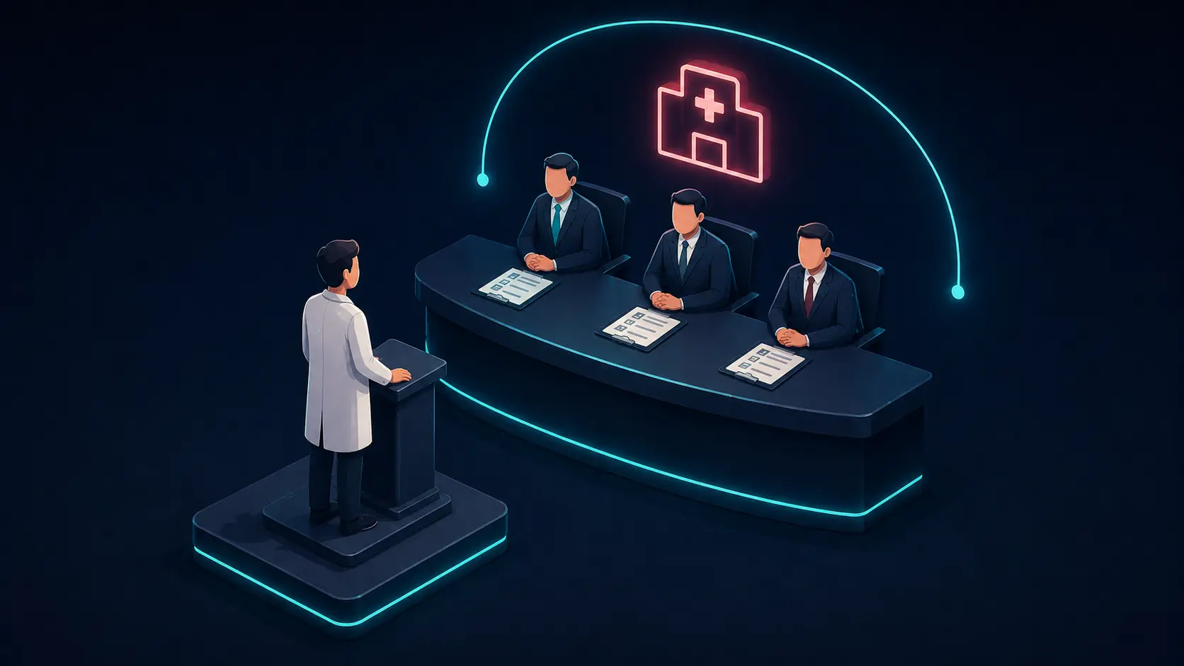 Medical graduate preparing for residency mock interview with structured evaluation panel