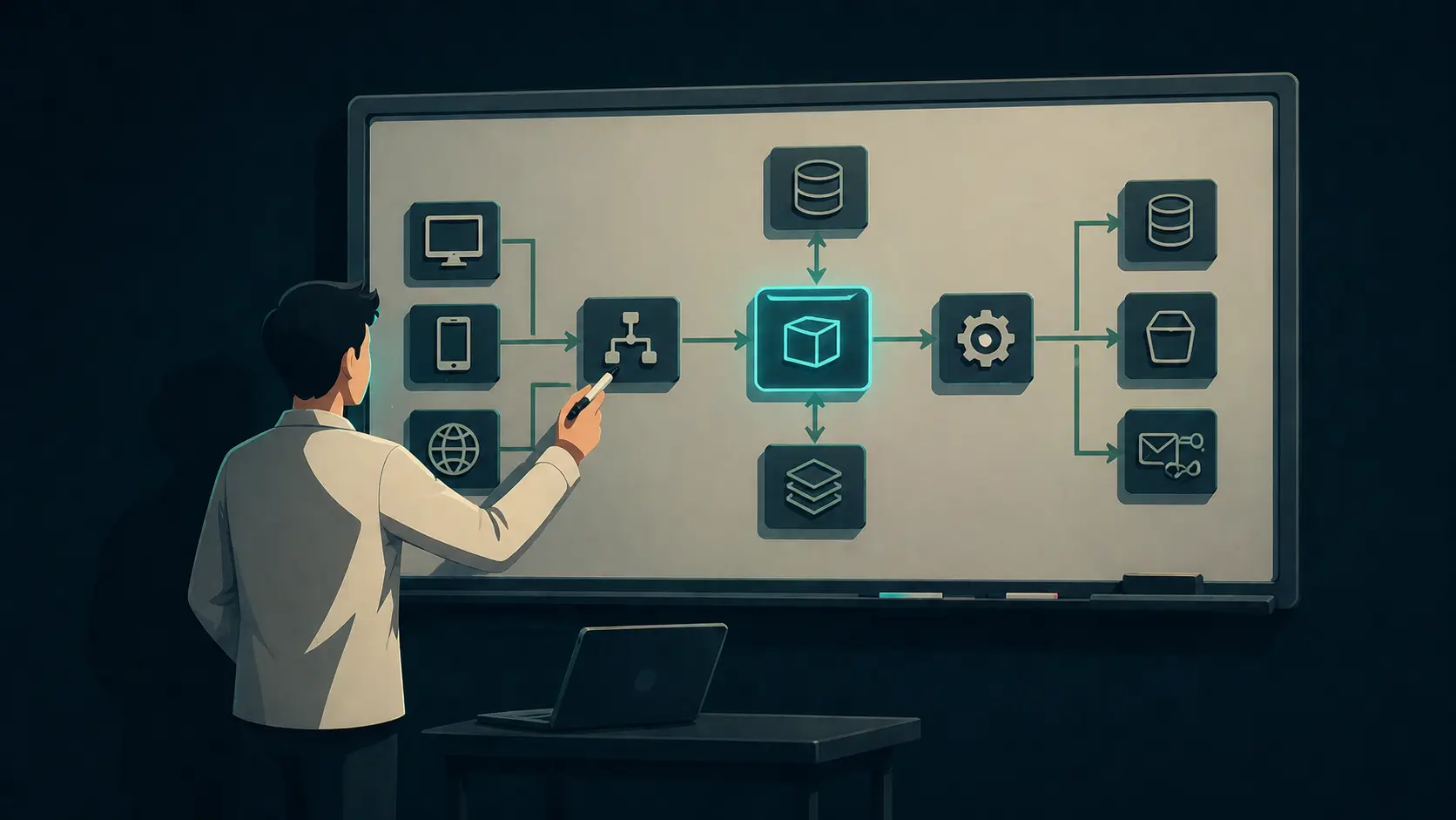Engineer presenting scalable system architecture diagram during a system design mock interview session