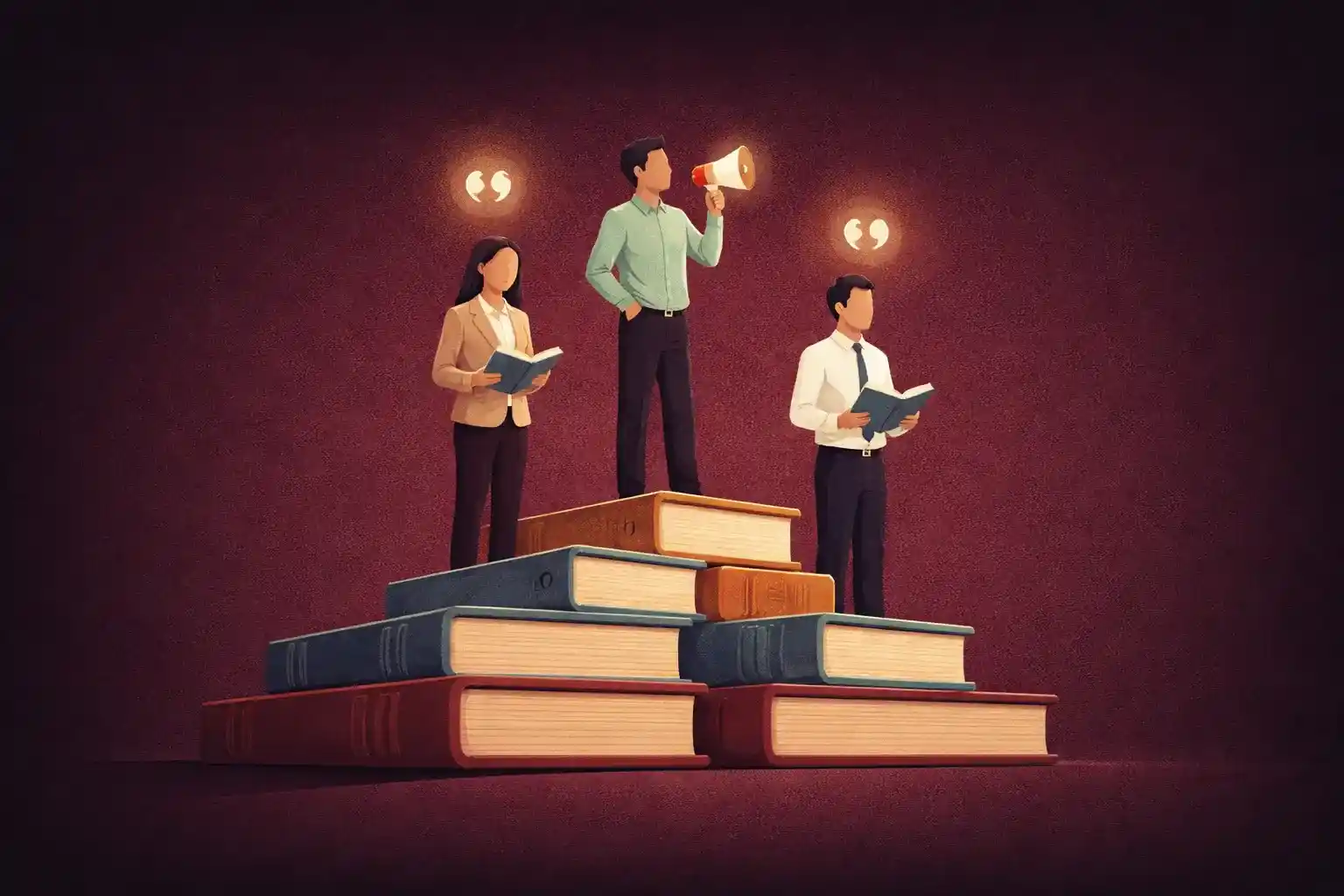 Ilustrasi tiga ahli di podium buku menjelaskan definisi wawancara menurut para ahli